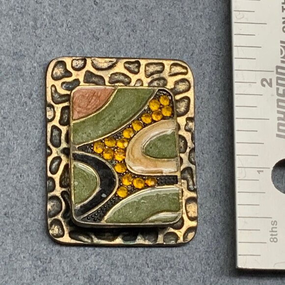 Abstract Hammered Rectangle 2 In As Is Gold Multicolor Amber Rhinestones DIY - Picture 5 of 5